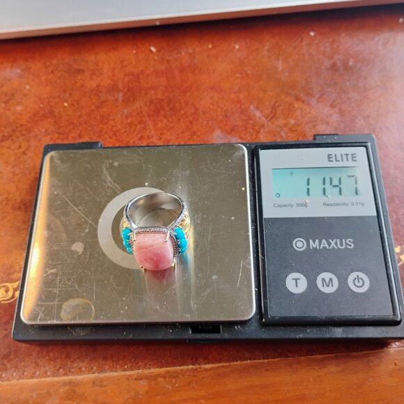 KRH India 925 Sterling Silver Pink Rhodochrosite & Turquoise Ring Size 6 - Picture 8 of 8